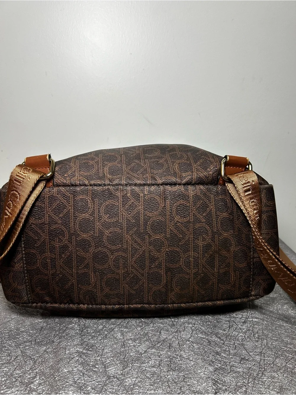 Calvin Klein Brown Logo Print Backpack Zip Front Pocket Gold Hardware